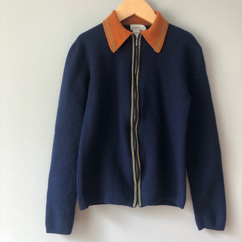 J . Crew Zip Up Cardigan, Navy & Orange, Collar, 100% Merino Wool, Small